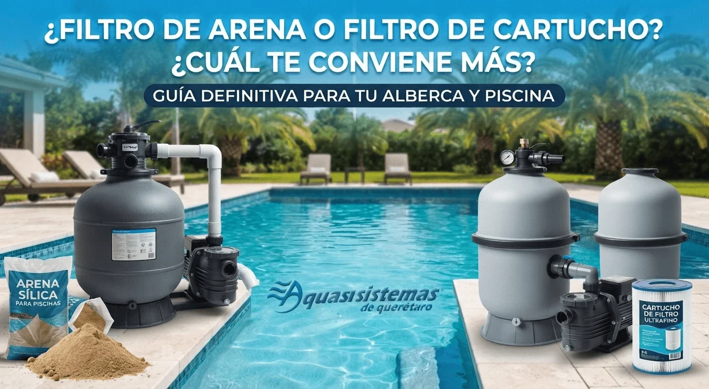 Comparativa de filtro de arena con arena sílica y filtro de cartucho para alberca con el logotipo de Aquasistemas de Querétaro grabado en el fondo del agua.