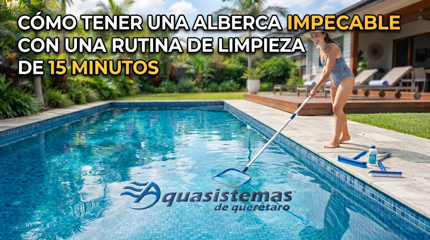 Una mujer sonriente en traje de baño y sombrero de paja limpia una piscina residencial de lujo con un saca hojas de alberca en Querétaro. La piscina de azulejos azules está rodeada de palmeras y una terraza de madera. En primer plano, productos de limpieza. Texto superpuesto: 'CÓMO TENER UNA ALBERCA IMPECABLE CON UNA RUTINA DE LIMPIEZA DE 15 MINUTOS'. Logotipo visible: 'Aquasistemas de Querétaro'.