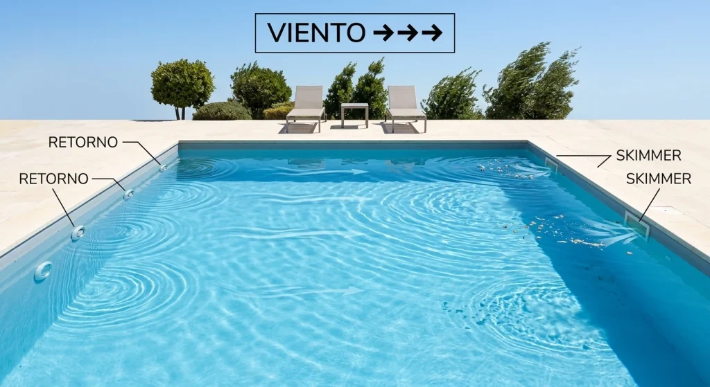 Diagrama de una alberca que muestra la circulación de agua impulsada por las boquillas de retorno hacia los skimmers a favor de la dirección del viento.
